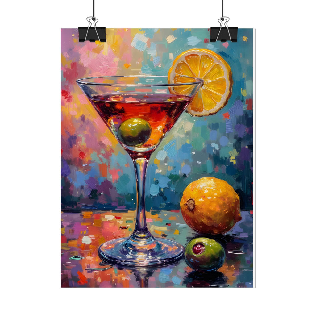 Buntes Martiniglas mit Zitrone und Olive – Wandbild/Poster 