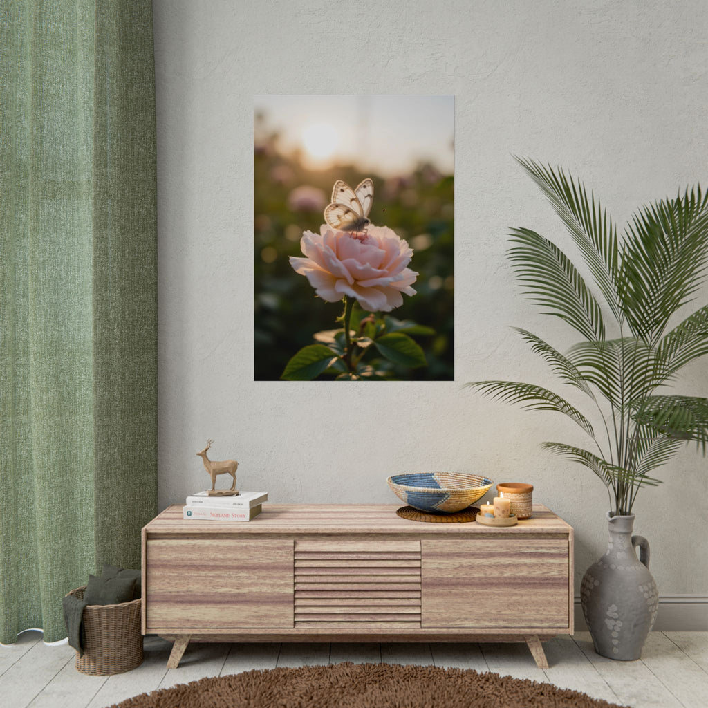 Muurposter met vlinder op roze roos 