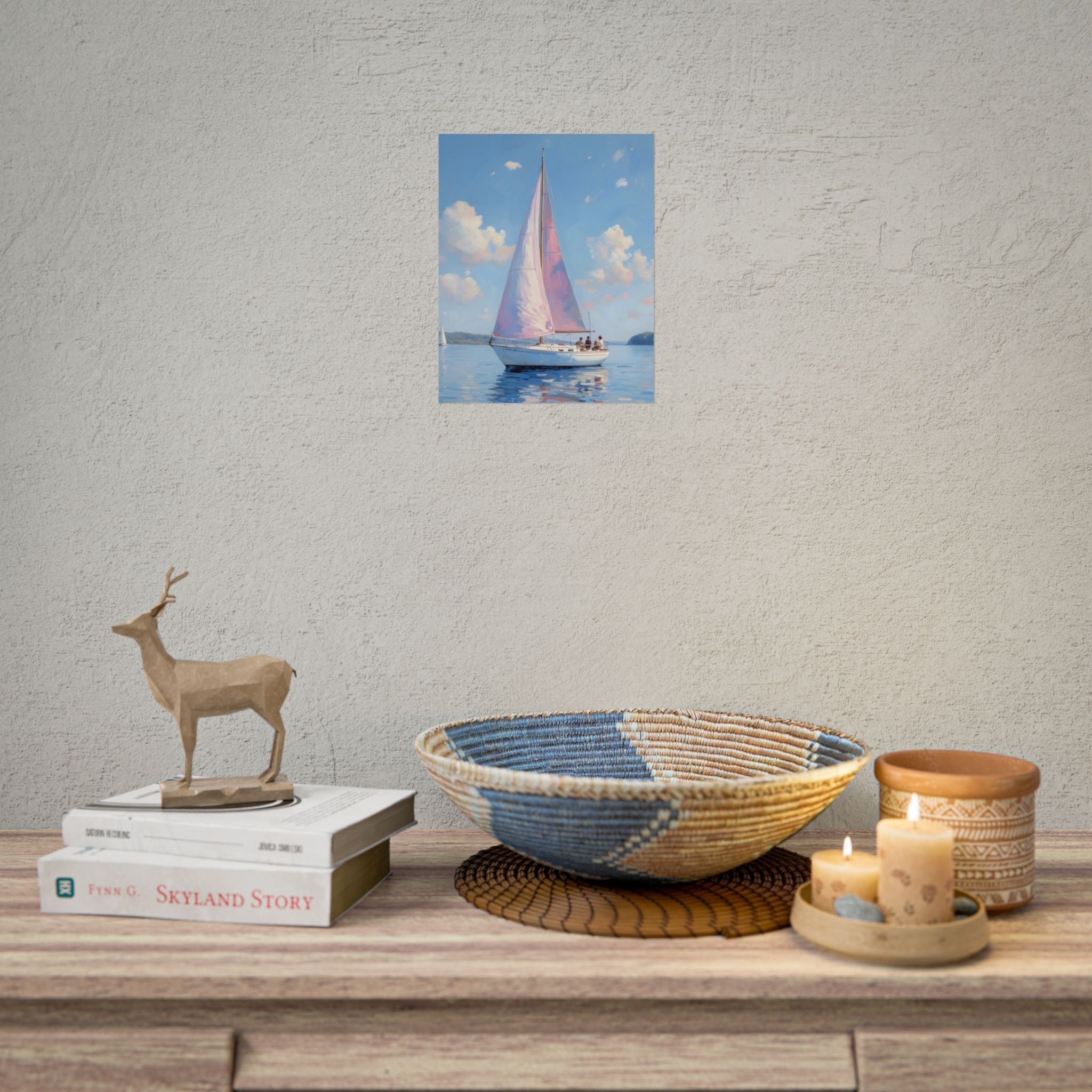 Zeilboot op kalm water met roze accenten - Poster 