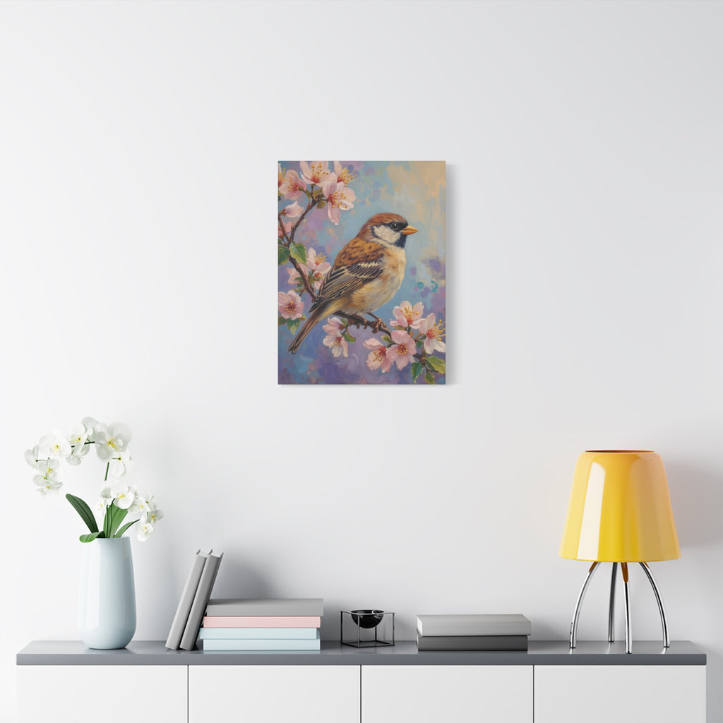 Sparrow on Cherry Blossoms Matte Stretched Canvas