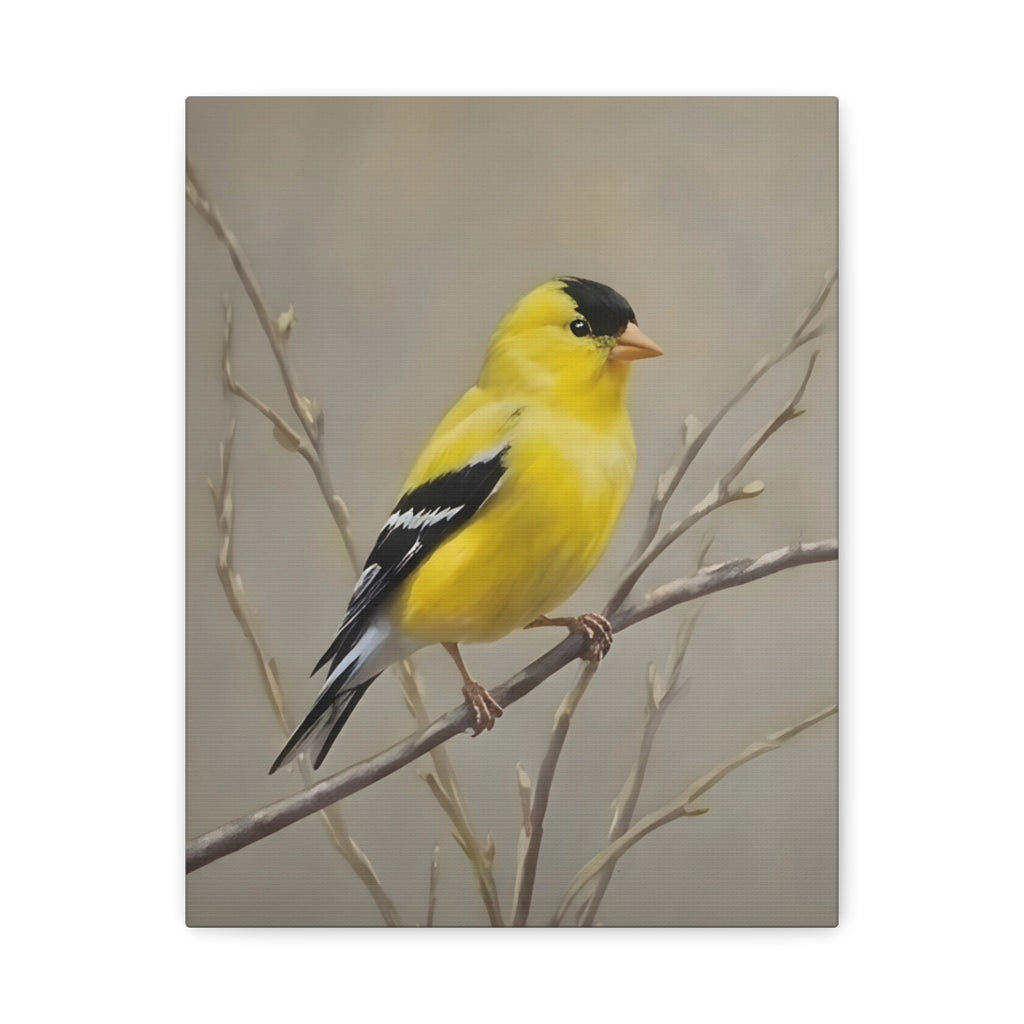Goldfinch Wall Art Canvas — Yellow Songbird Painting on Branch, Matte Stretched Canvas