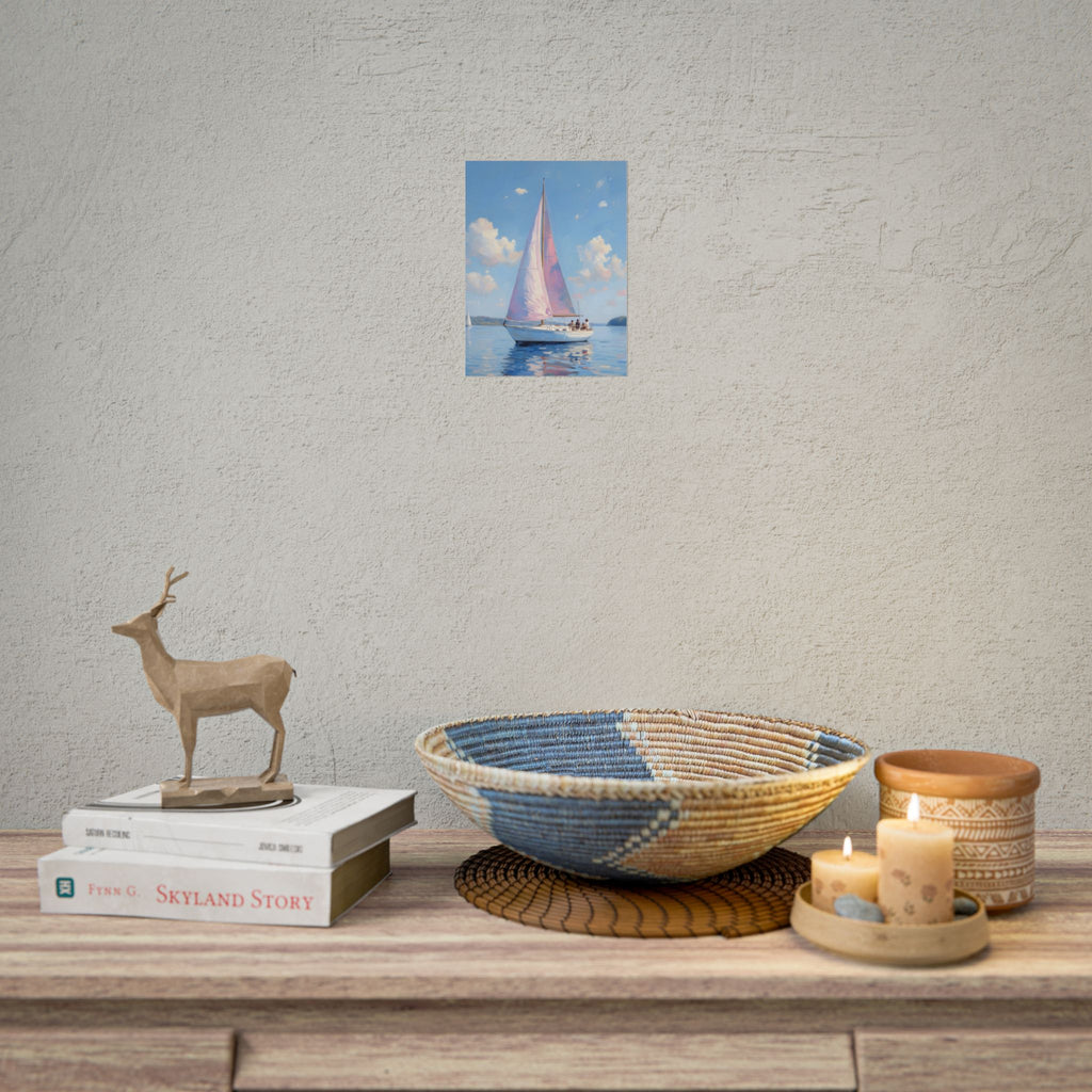 Zeilboot op kalm water met roze accenten - Poster 