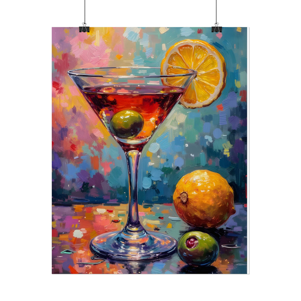 Buntes Martiniglas mit Zitrone und Olive – Wandbild/Poster 