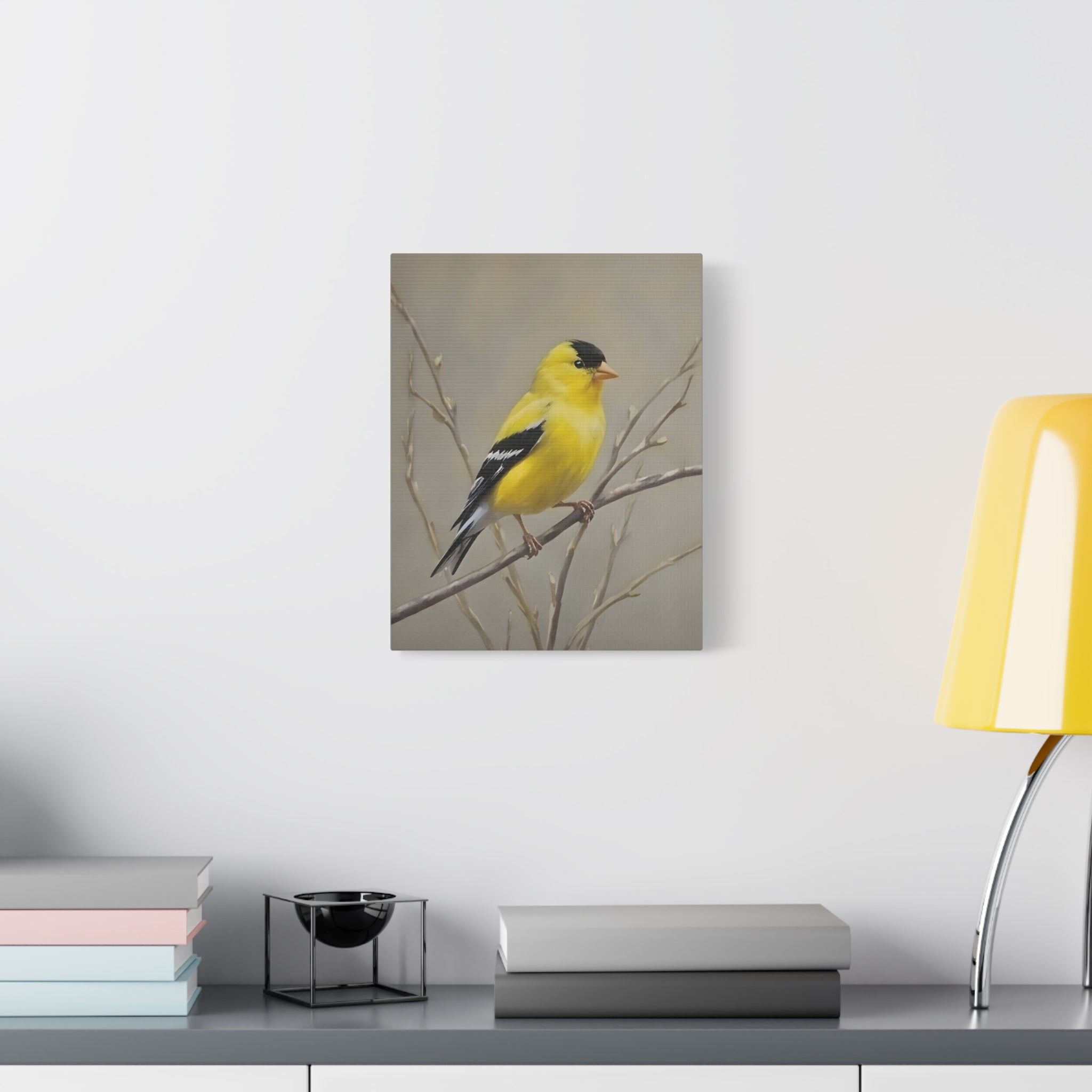 Goldfinch Wall Art Canvas — Yellow Songbird Painting on Branch, Matte Stretched Canvas