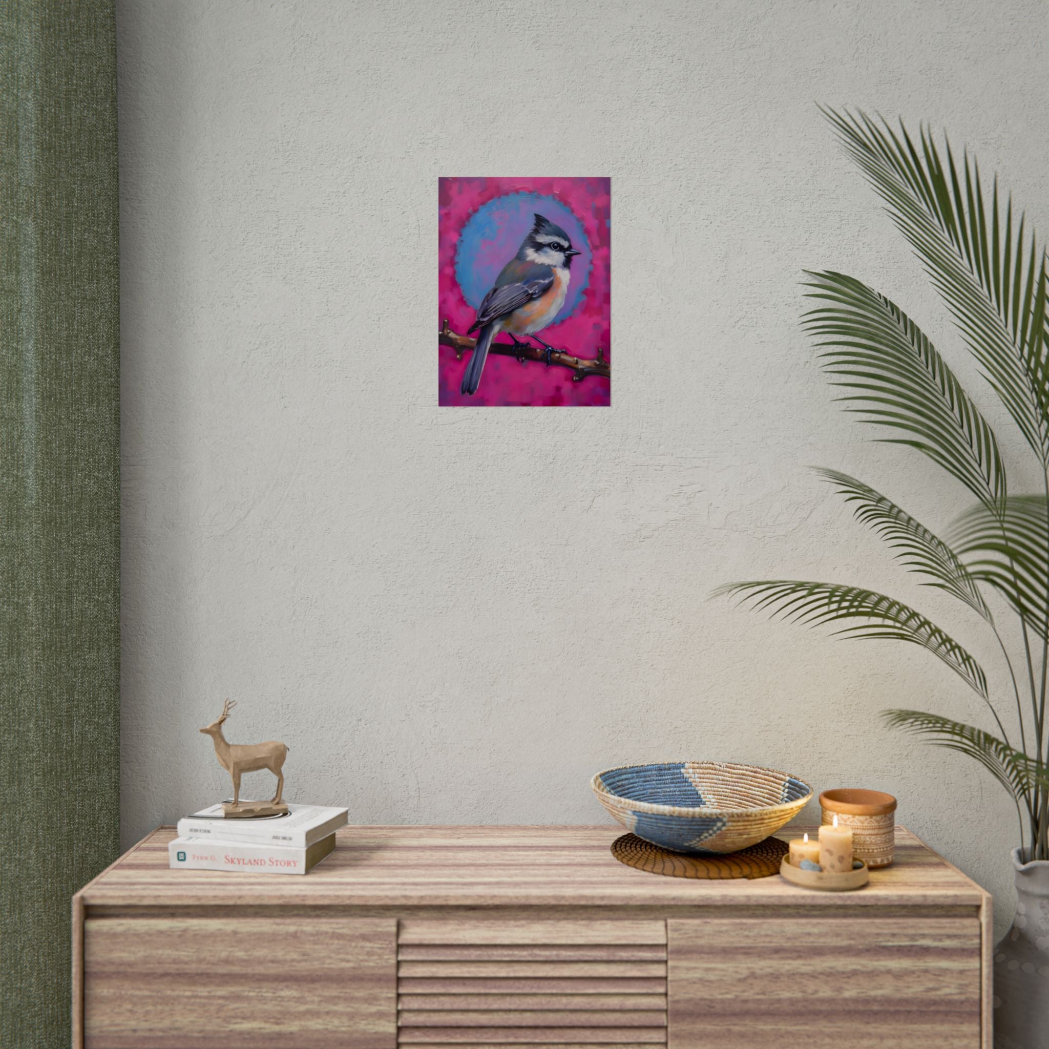 Colorful Songbird Poster — Blue Jay Art Print on Vibrant Pink Background