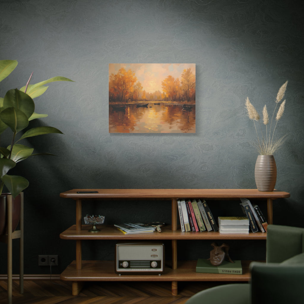 Autumn at the lake with rowboats Wall Art - Stretched Canvas