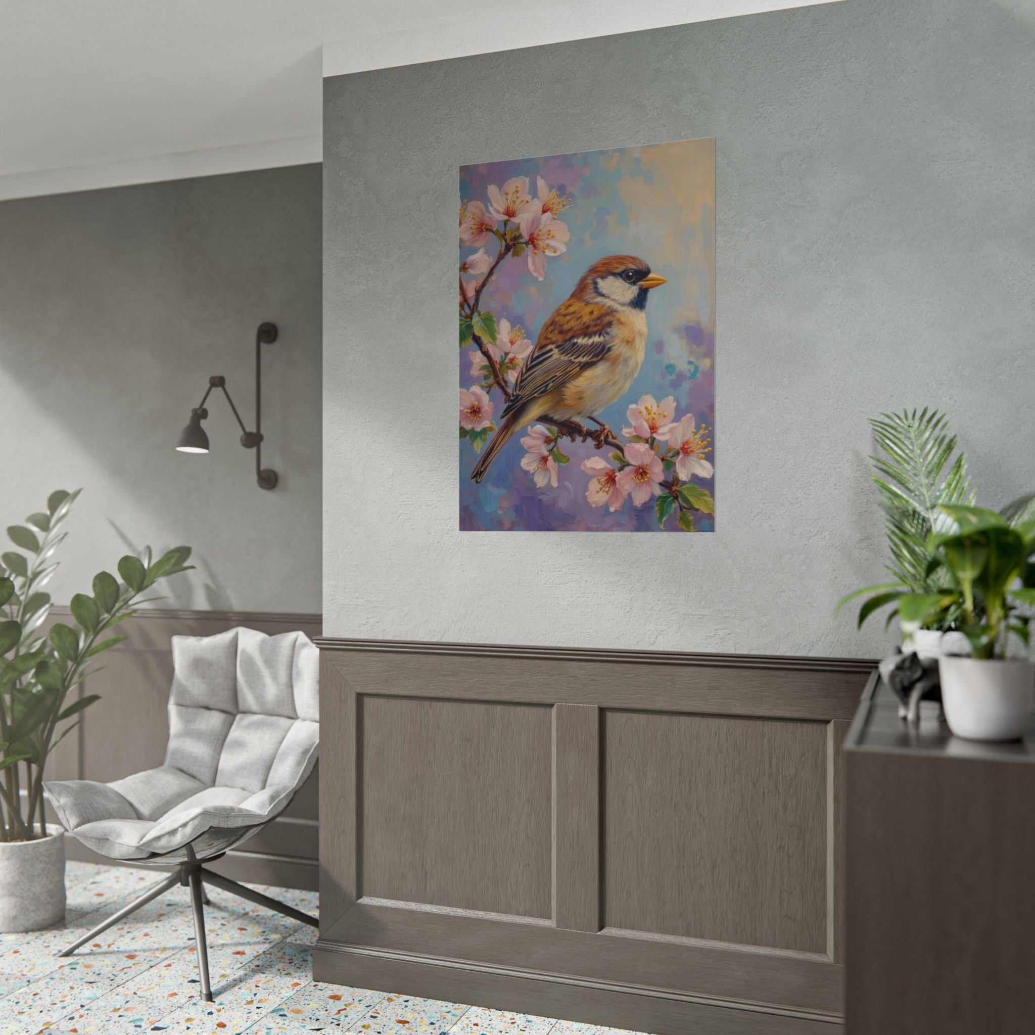Bird on Blossom Rolled Poster — Spring Sparrow on Branch Wall Art Print