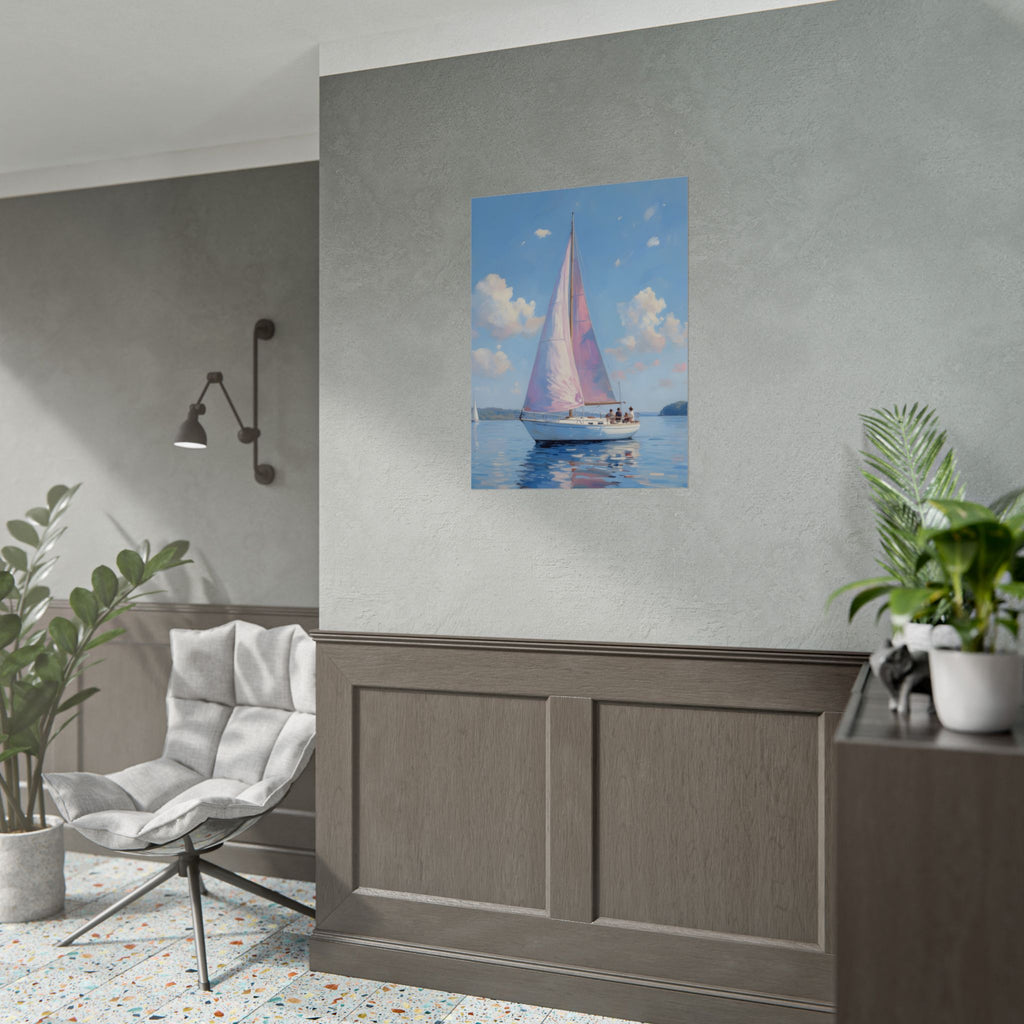 Segelboot auf ruhigem Wasser mit rosa Akzenten - Poster 