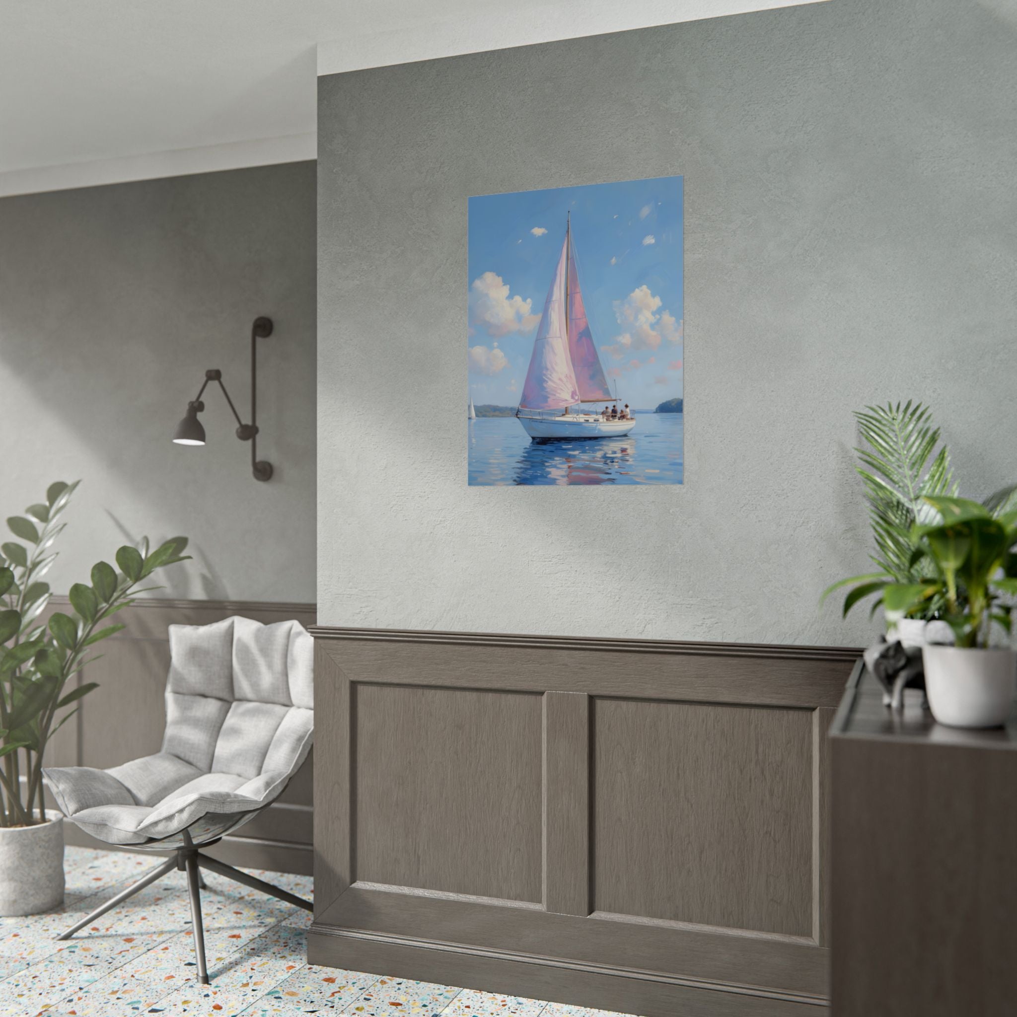 Segelboot auf ruhigem Wasser mit rosa Akzenten - Poster 