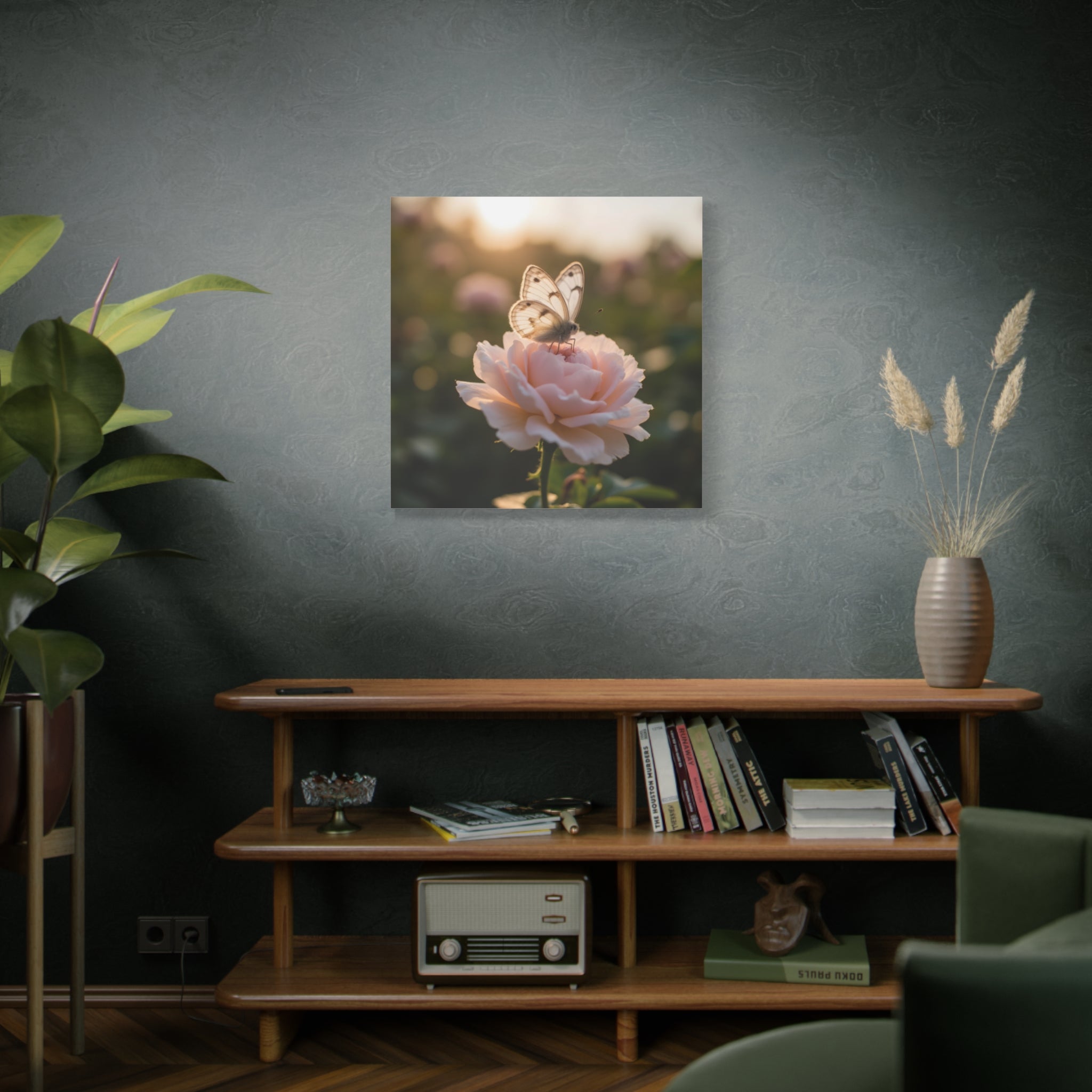 Butterfly on Pink Rose Wall Art - Stretched Canvas