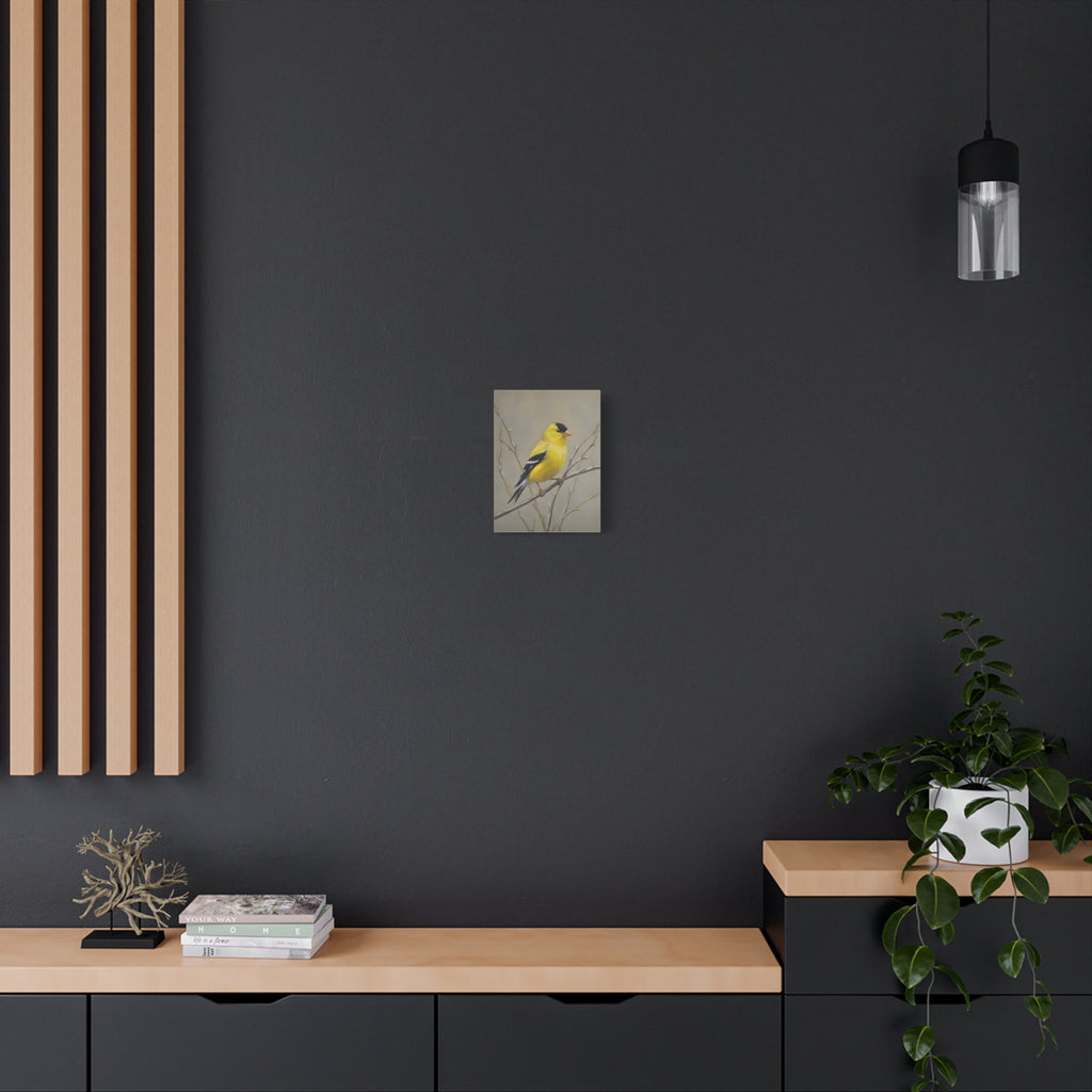 Goldfinch Wall Art Canvas — Yellow Songbird Painting on Branch, Matte Stretched Canvas