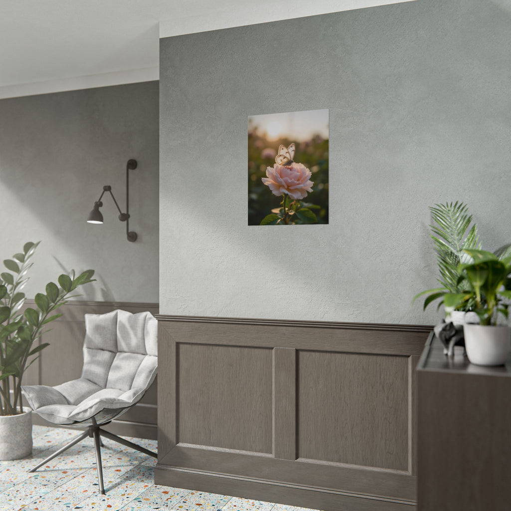 Muurposter met vlinder op roze roos 