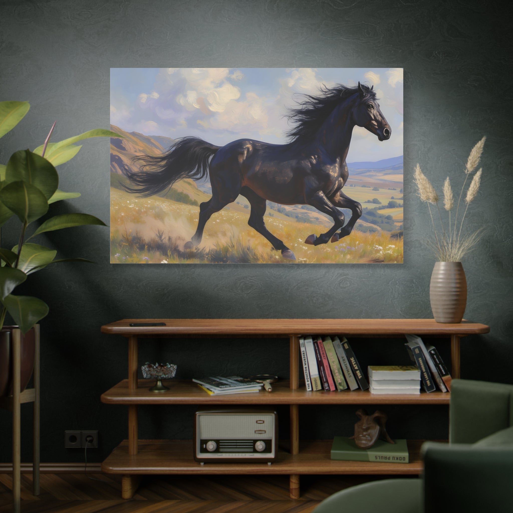 Running Black Stallion Wall Art - Horse Painting - Stretched Canvas