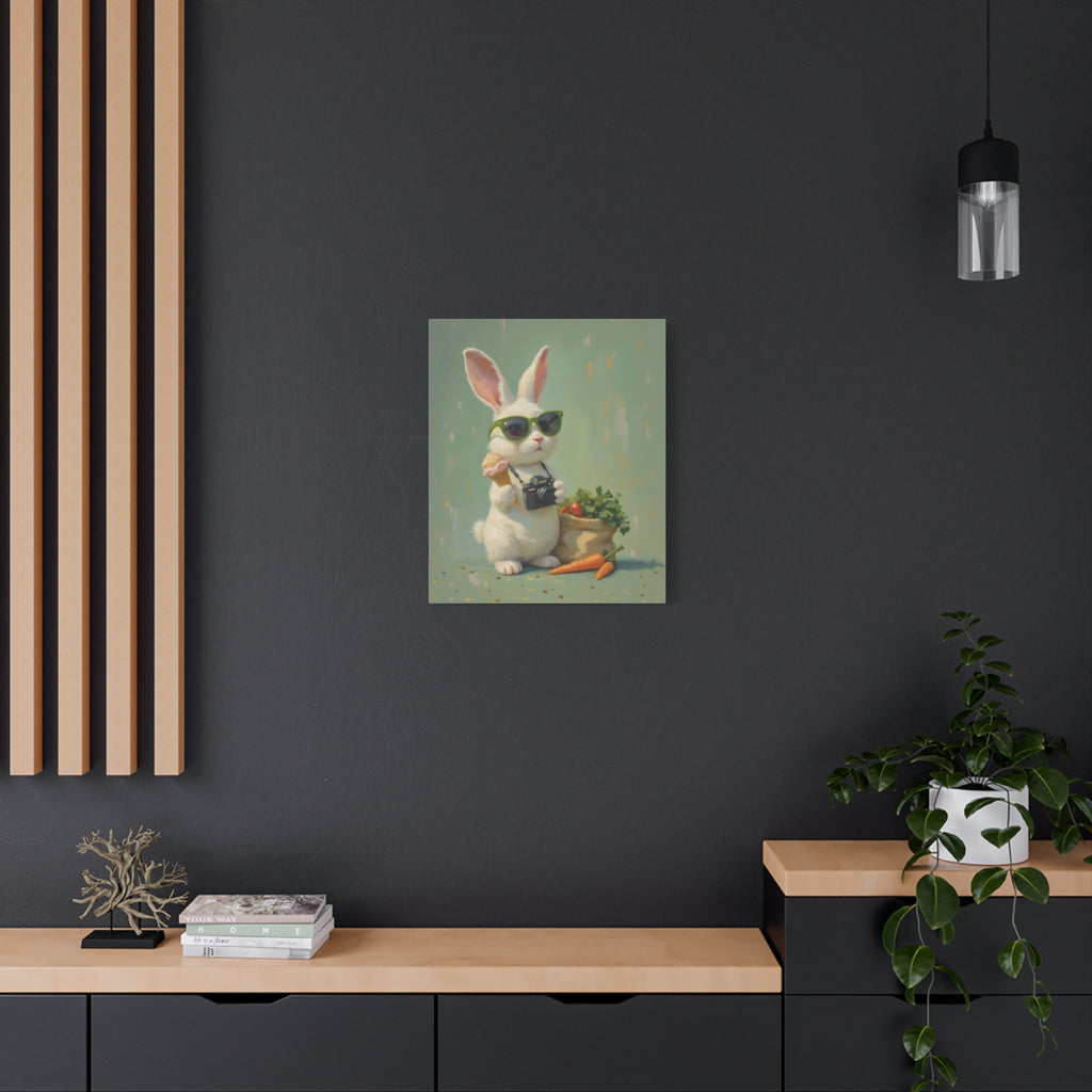 Green Bunny Canvas Wall Art — Photographer Bunny with Carrots & Ice Cream