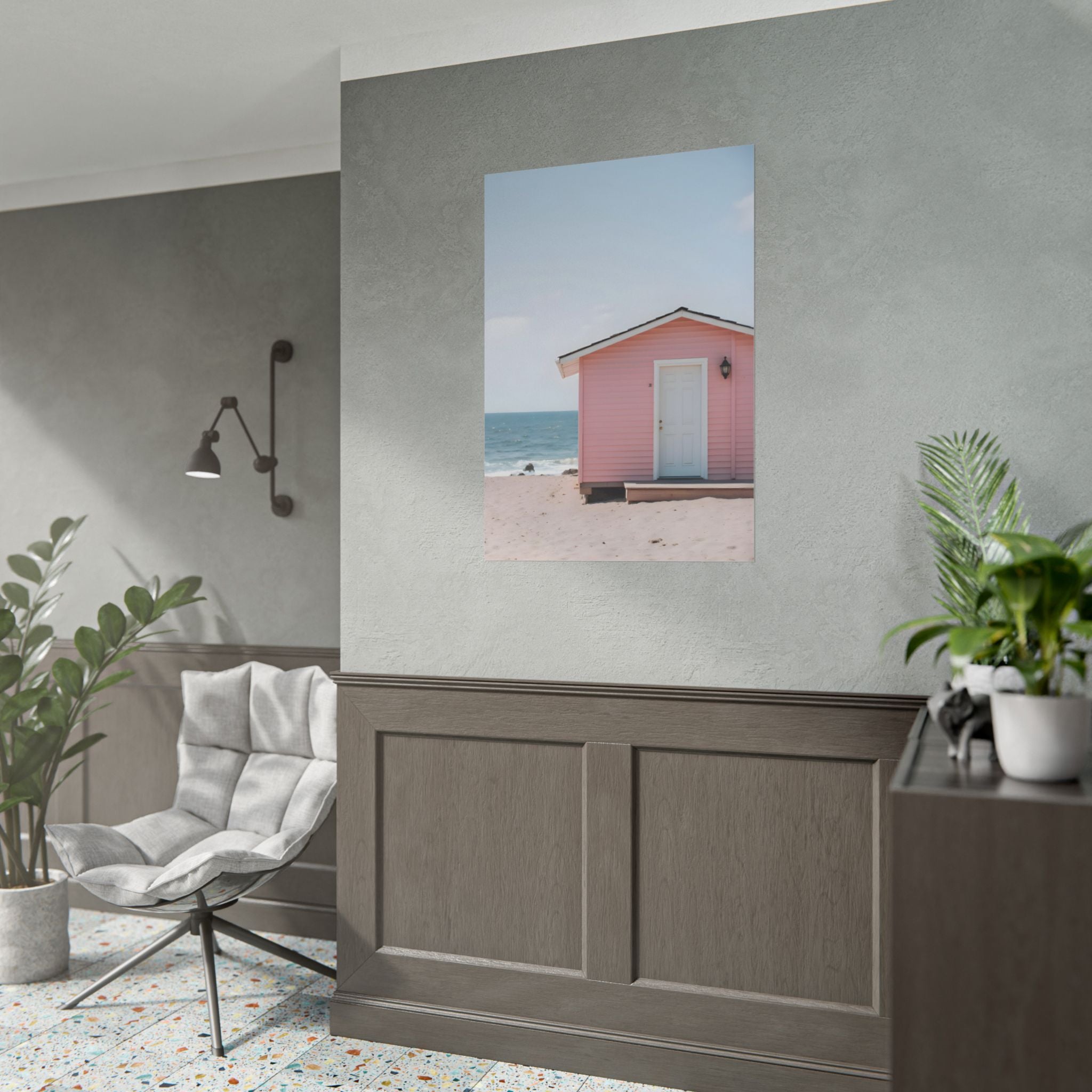 Roze strandhuisje als muurdecoratie - Poster 