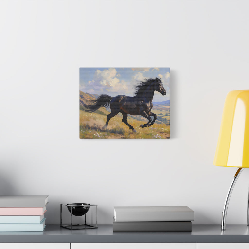 Muurdecoratie met een rennende zwarte hengst - Paardenschilderij - Gespannen canvas 