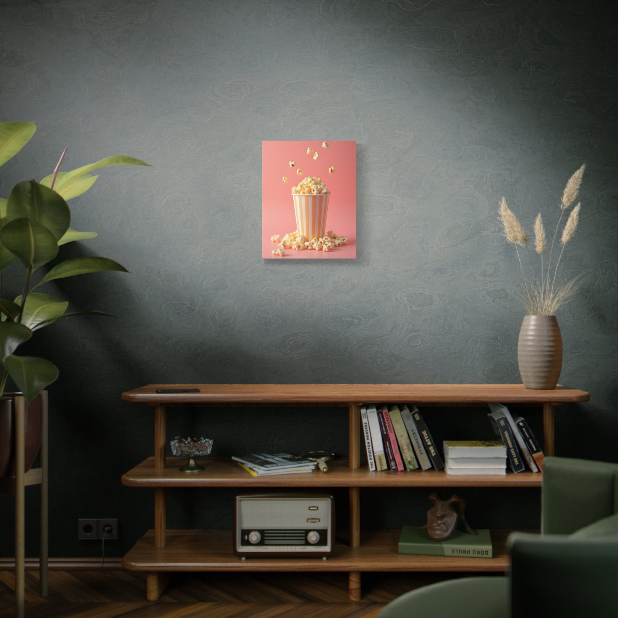 Popcorn with a pink background Wall Art - Stretched Canvas