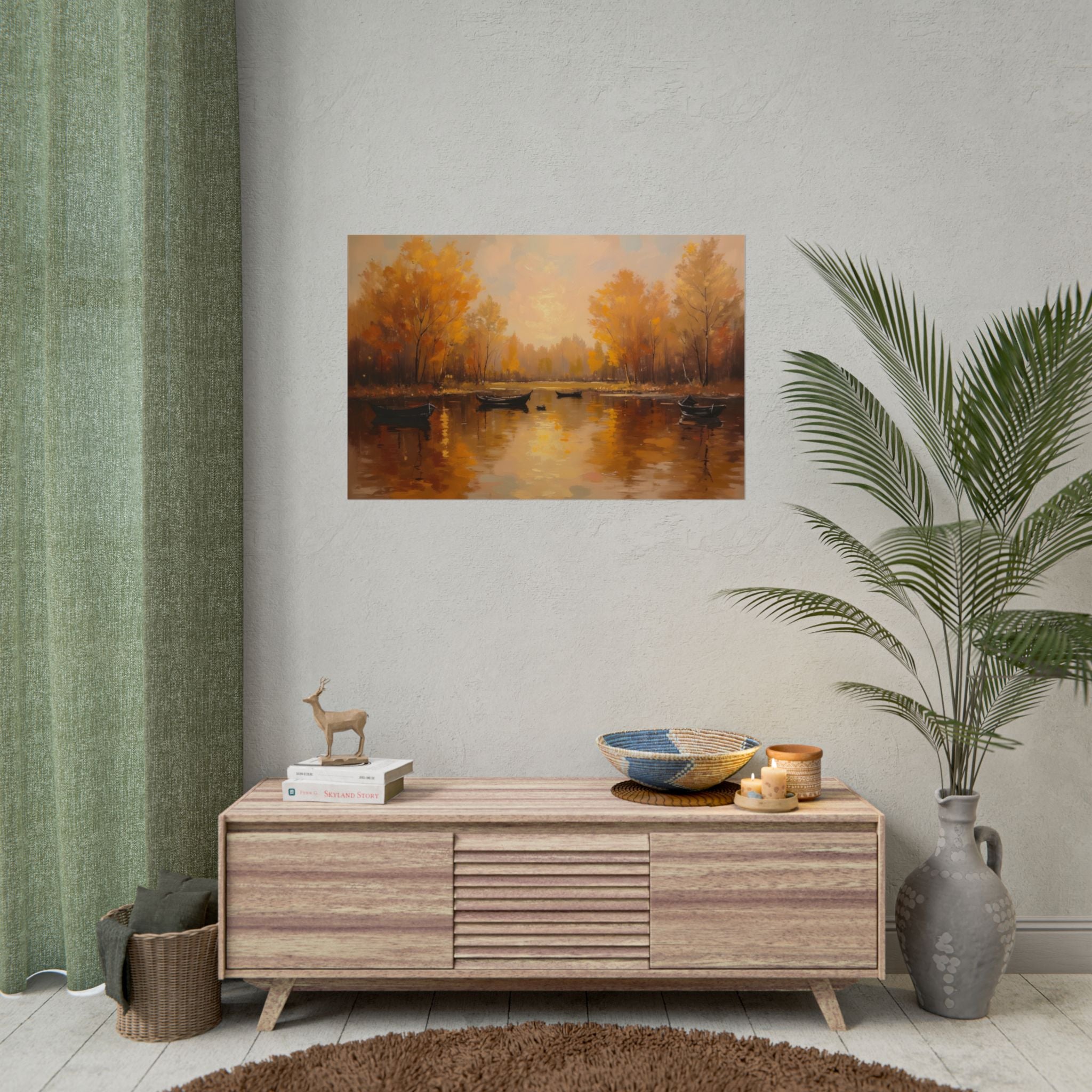 Herfst aan het meer met roeiboten - Poster 