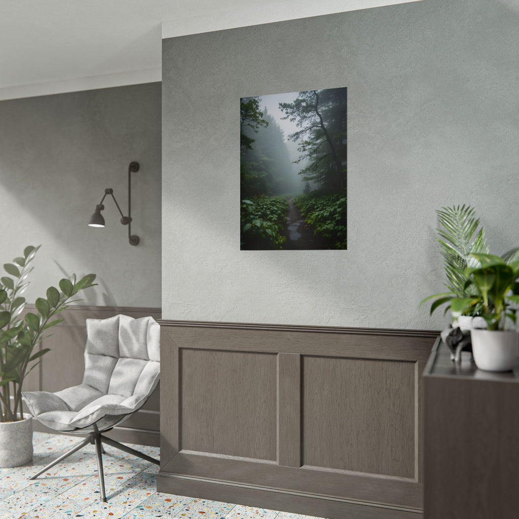 Muurdecoratie met een mistig bospad - Poster 