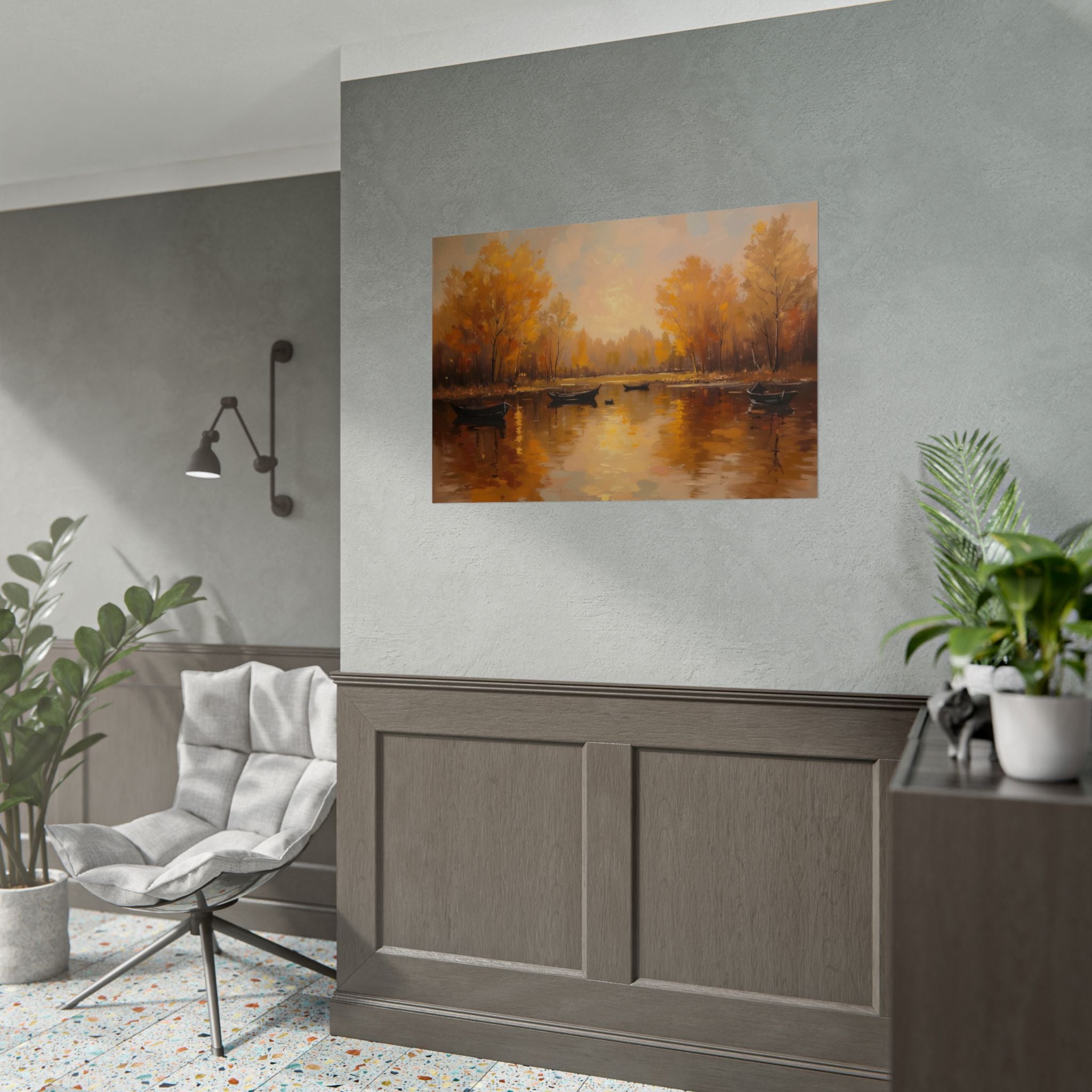 Herfst aan het meer met roeiboten - Poster 