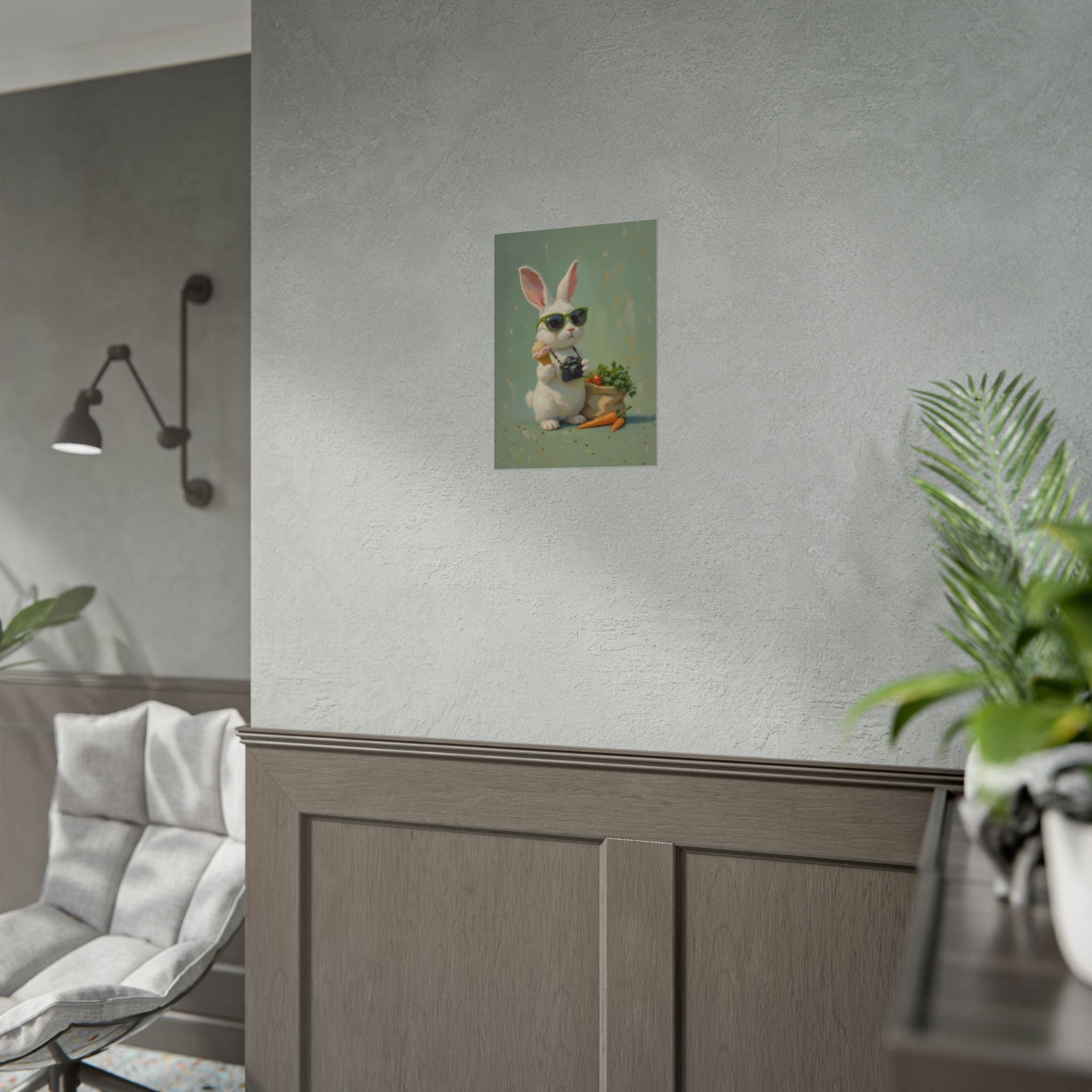 Green Bunny Rolled Poster — Cool Bunny with Camera Art Print