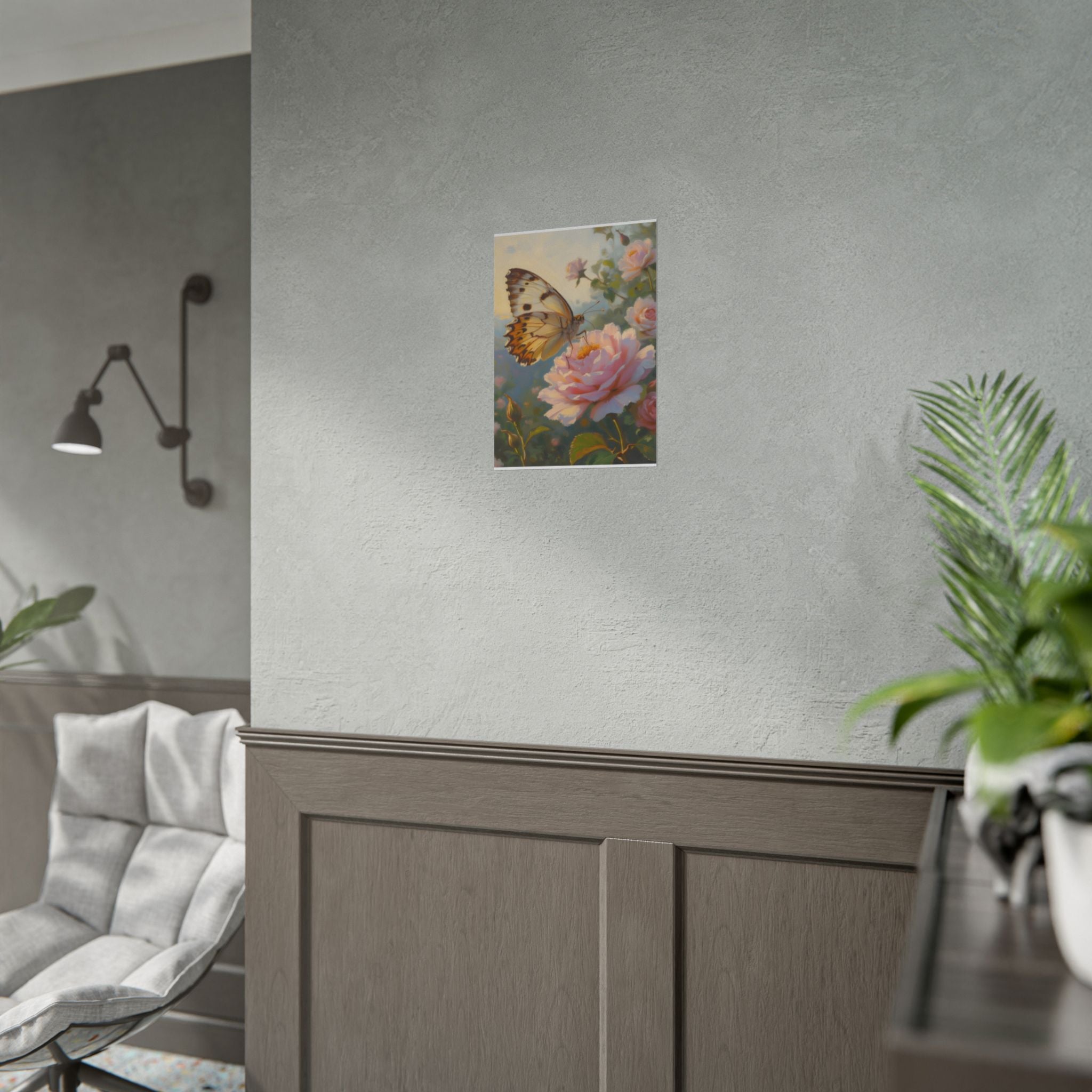 Wandbild mit Schmetterling auf rosa Rose - Poster 