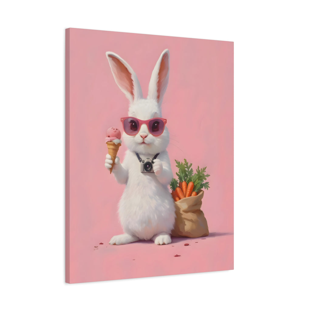 Pink Cute Bunny Canvas Wall Art — Cool Rabbit with Sunglasses, Ice Cream & Carrots (Matte Stretched)