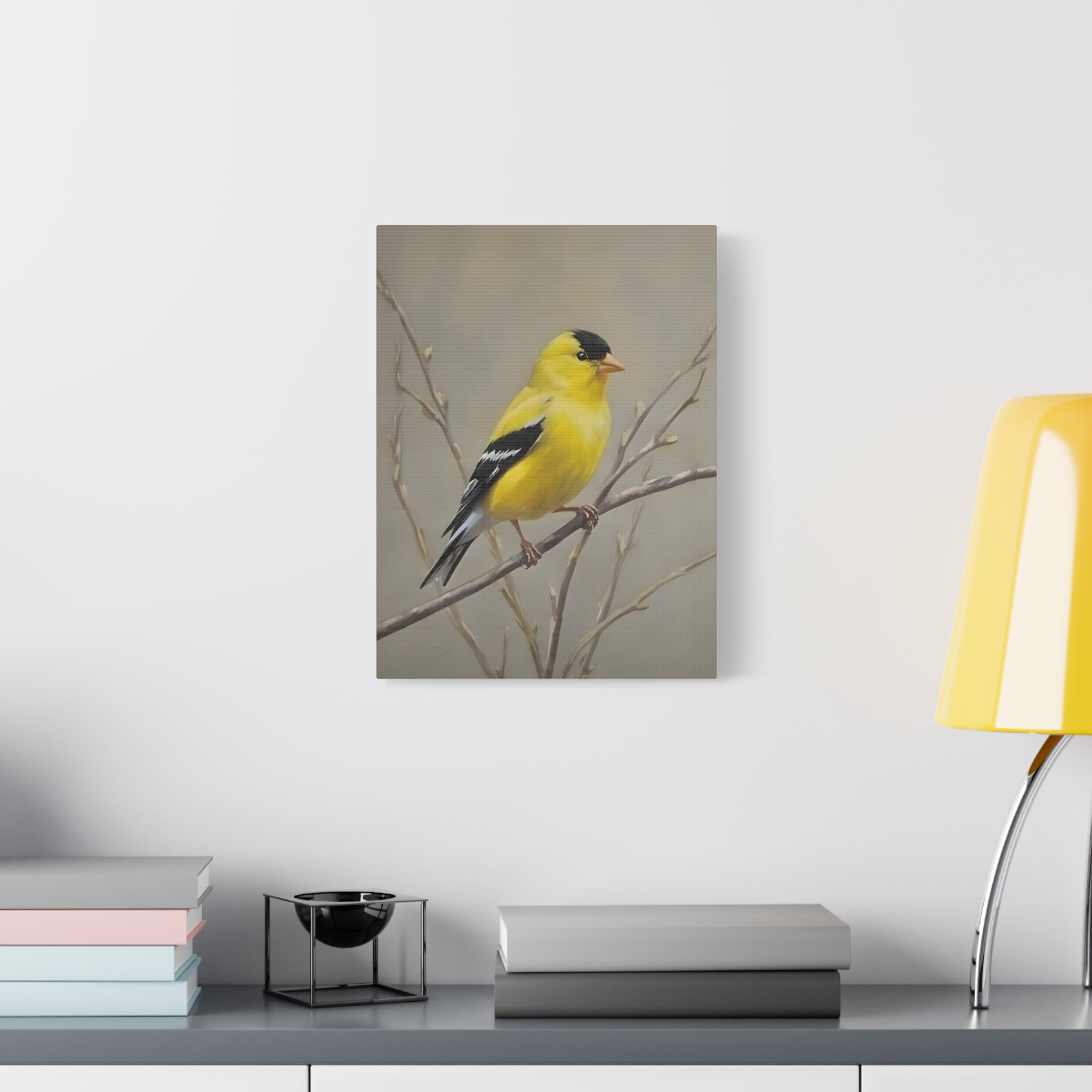 Goldfinch Wall Art Canvas — Yellow Songbird Painting on Branch, Matte Stretched Canvas