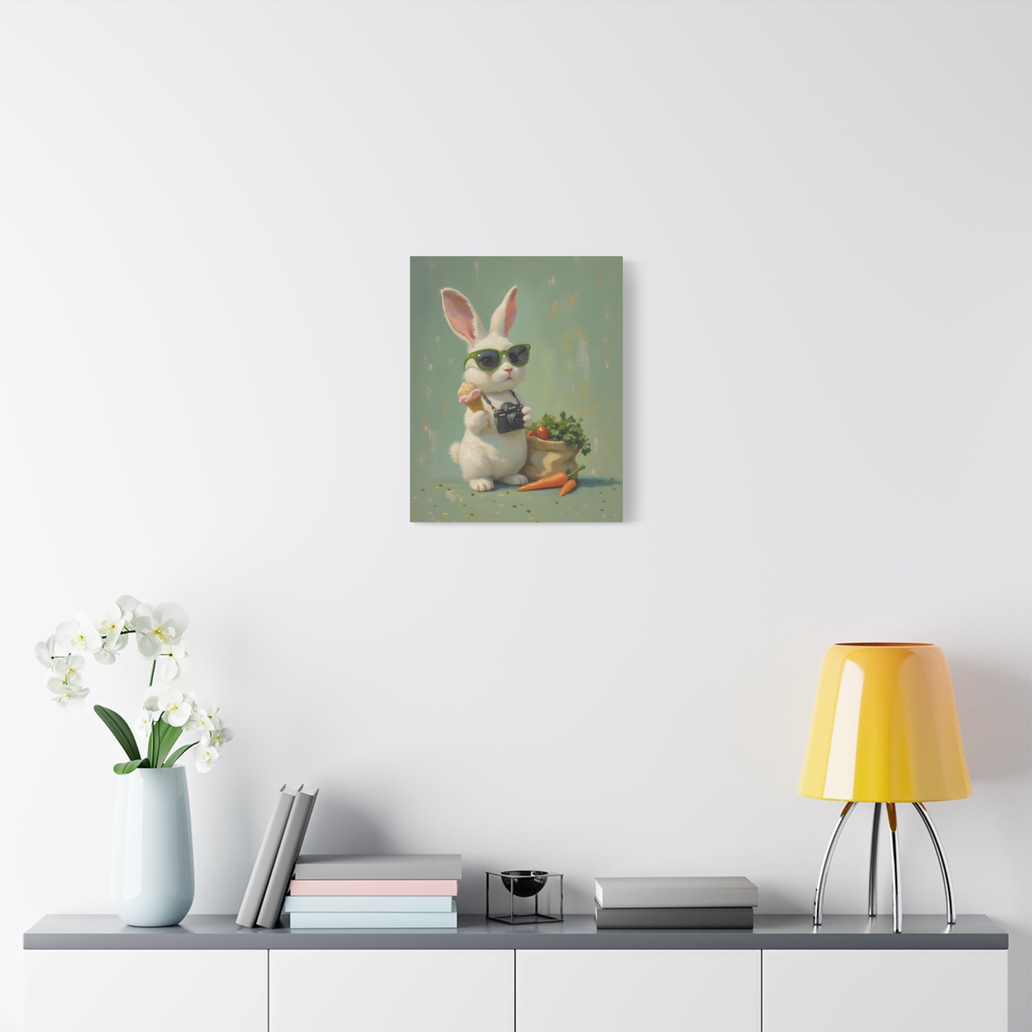 Green Bunny Canvas Wall Art — Photographer Bunny with Carrots & Ice Cream