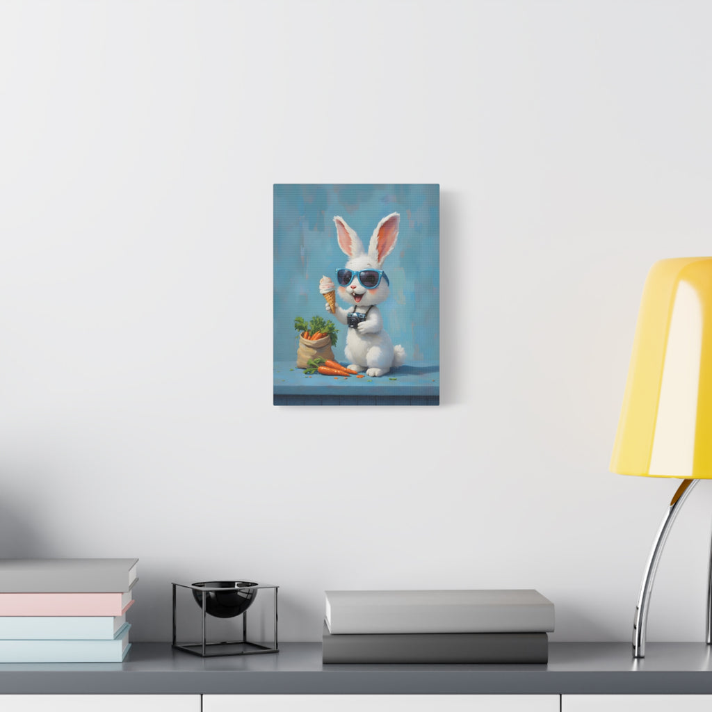 Blue Bunny Canvas Print — Cute Rabbit with Sunglasses & Ice Cream Matte Wall Art