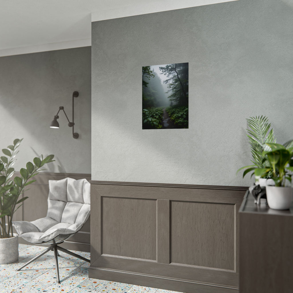 Muurdecoratie met een mistig bospad - Poster 