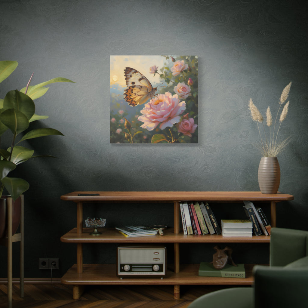 Muurdecoratie met vlinder op een roze roos - Gespannen canvas 