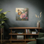 Muurdecoratie met vlinder op een roze roos - Gespannen canvas 