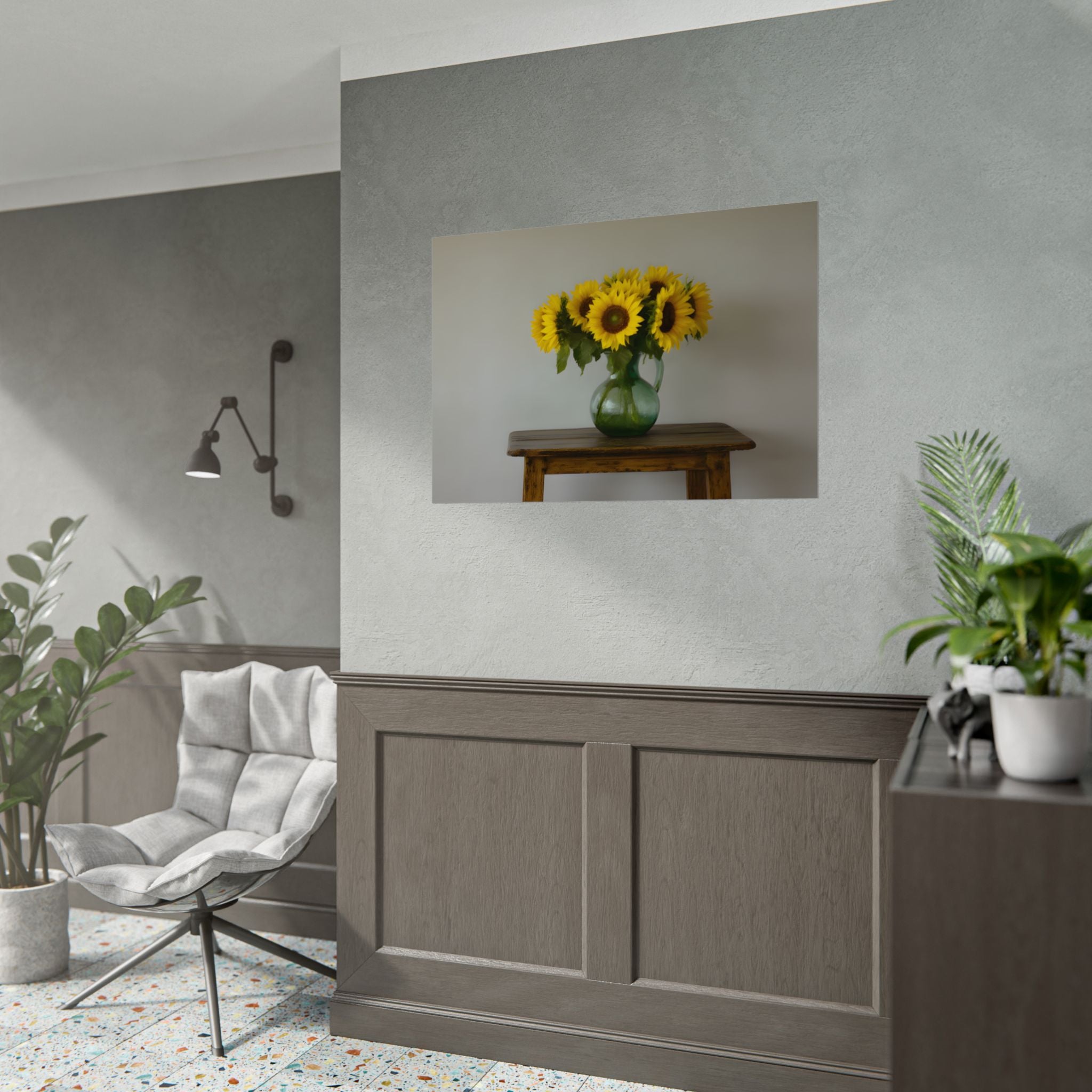 Zonnebloemen in een groene kruik - Muurdecoratie - Poster 