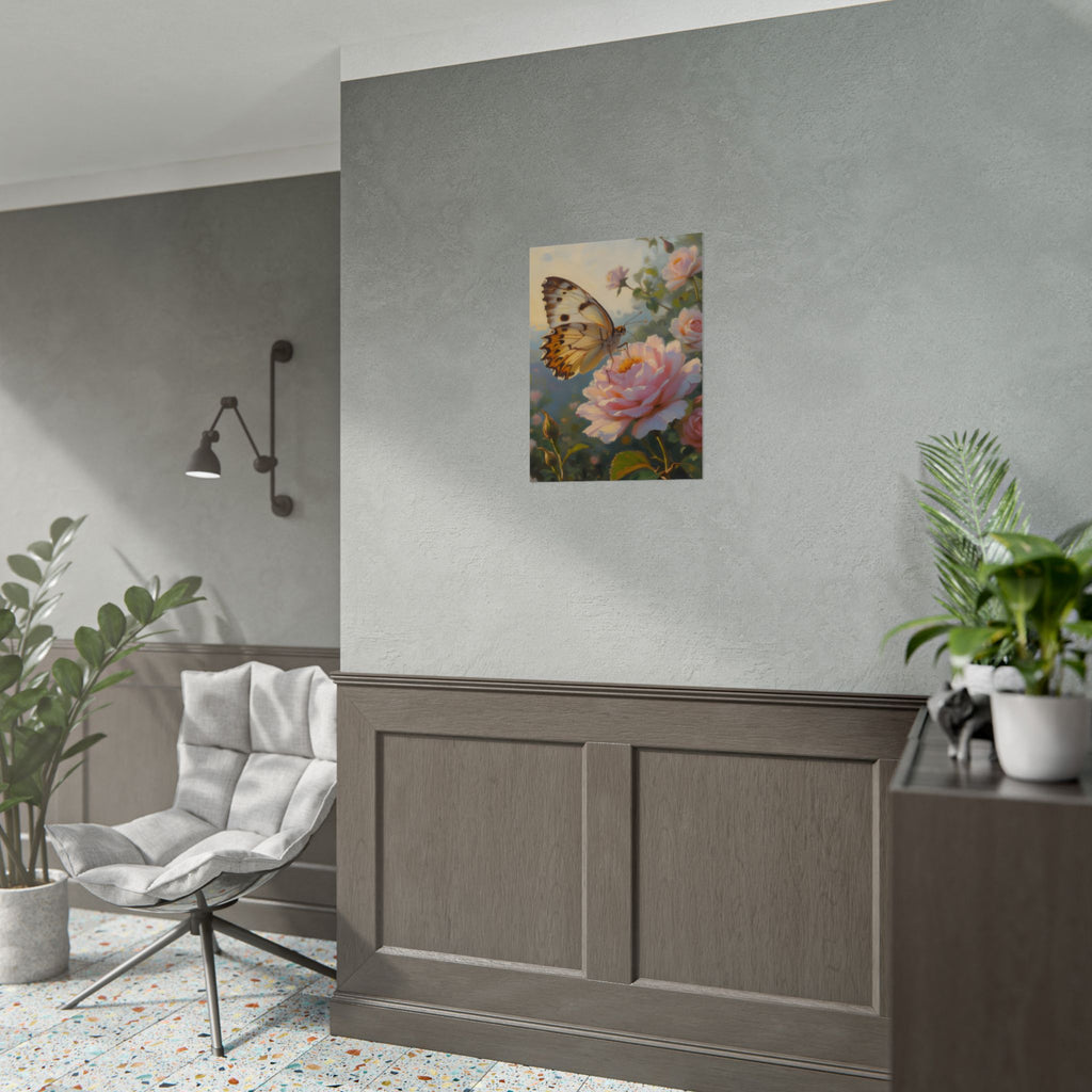 Wandbild mit Schmetterling auf rosa Rose - Poster 