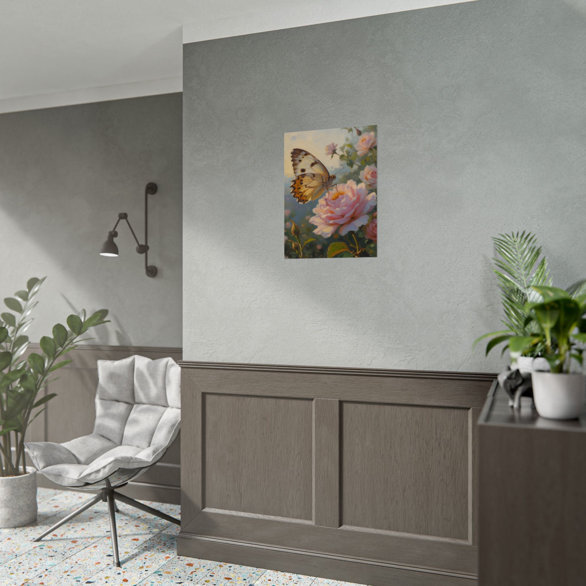 Wandbild mit Schmetterling auf rosa Rose - Poster 