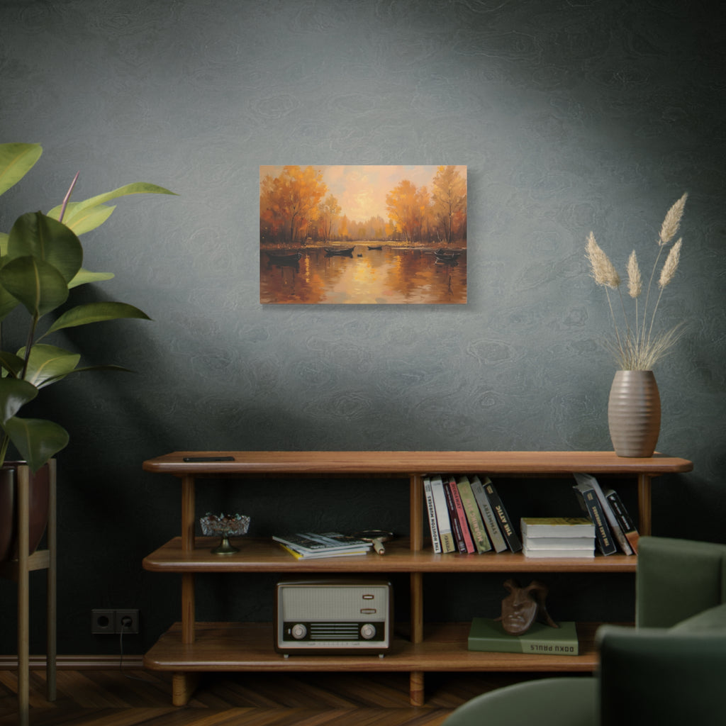 Autumn at the lake with rowboats Wall Art - Stretched Canvas