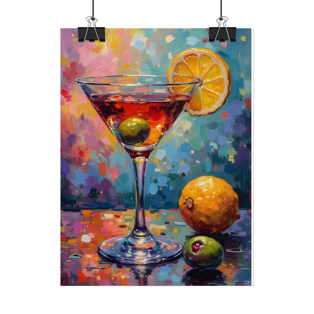 Buntes Martiniglas mit Zitrone und Olive – Wandbild/Poster 