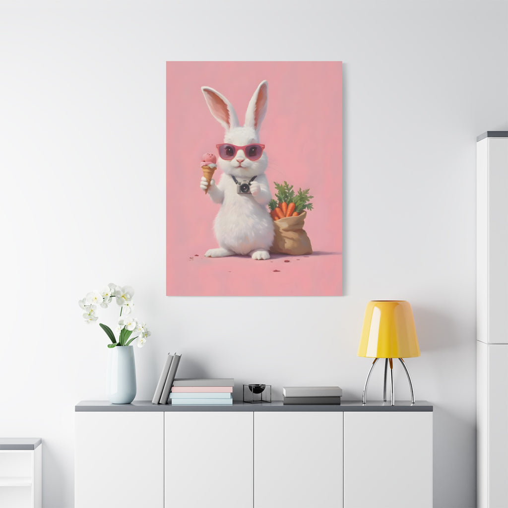 Pink Cute Bunny Canvas Wall Art — Cool Rabbit with Sunglasses, Ice Cream & Carrots (Matte Stretched)