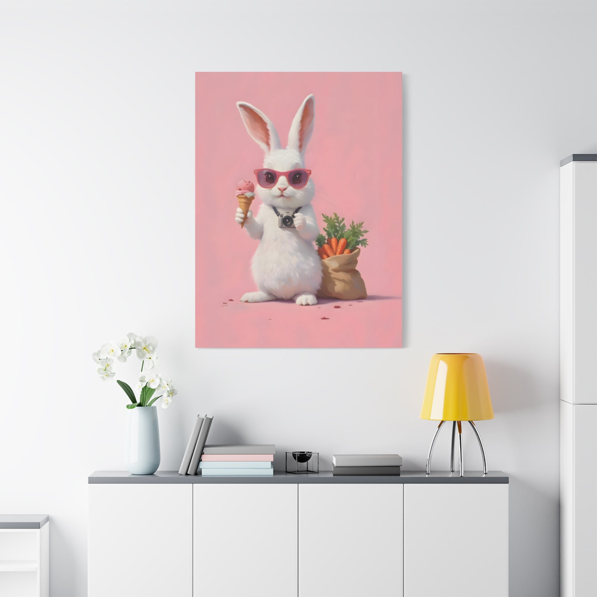 Pink Cute Bunny Canvas Wall Art — Cool Rabbit with Sunglasses, Ice Cream & Carrots (Matte Stretched)