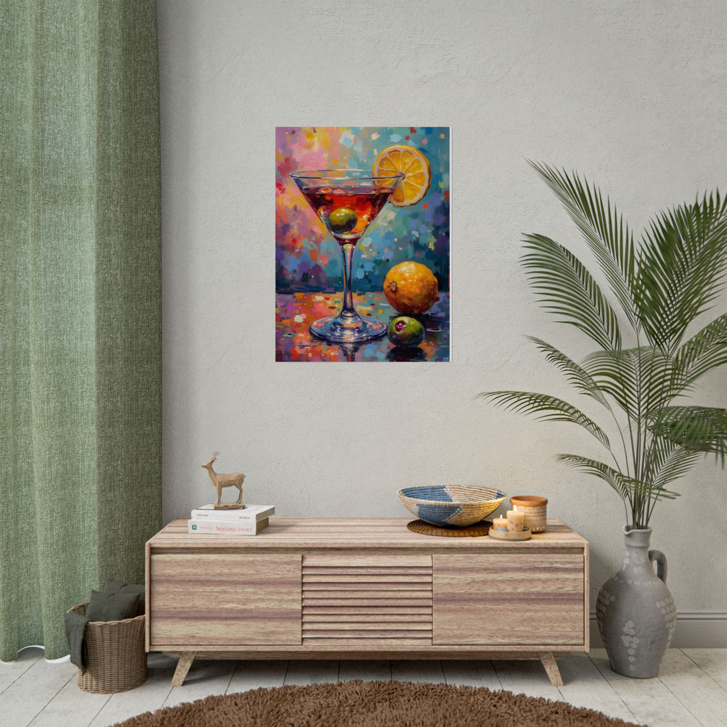 Buntes Martiniglas mit Zitrone und Olive – Wandbild/Poster 