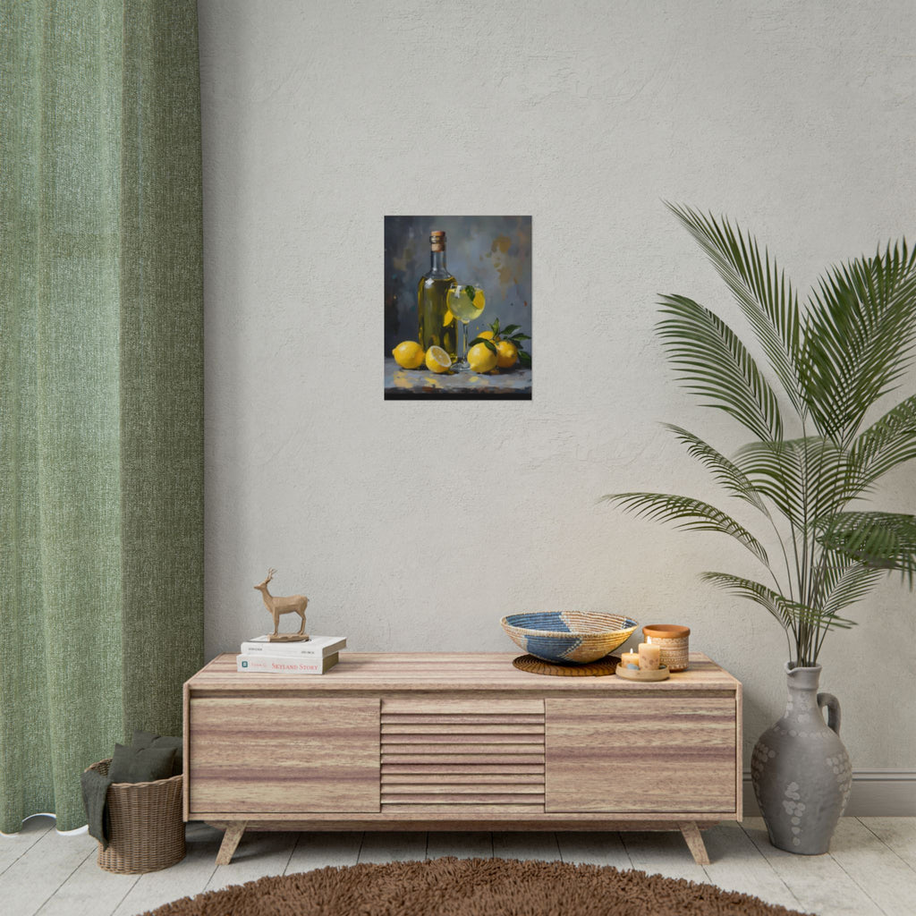 Limoncello with lemons Still Life Rolled Poster – Citrus Bottle Art Print