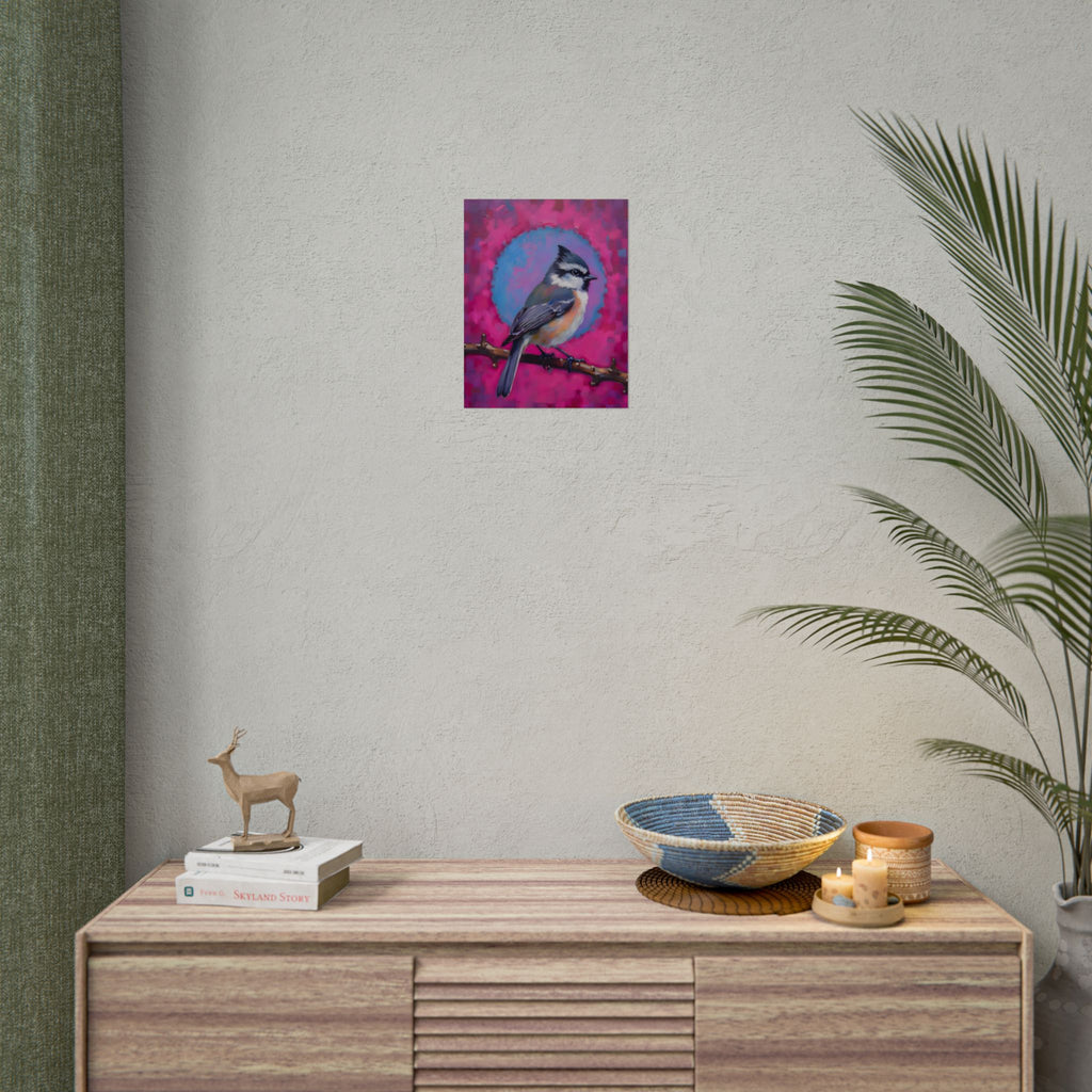 Kleurrijke Zangvogel Poster — Blauwe Gaai Kunstprint op Levendige Roze Achtergrond