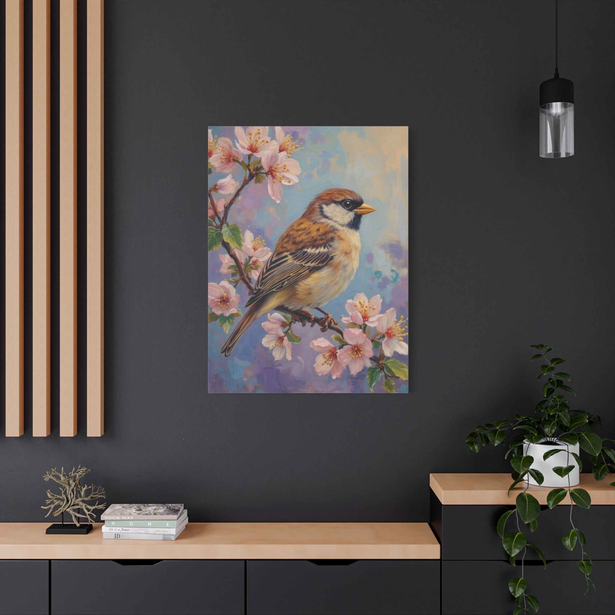 Sparrow on Cherry Blossoms Matte Stretched Canvas