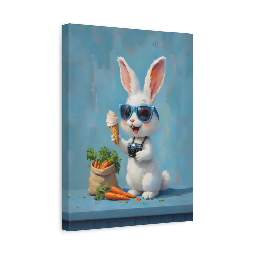 Blue Bunny Canvas Print — Cute Rabbit with Sunglasses & Ice Cream Matte Wall Art