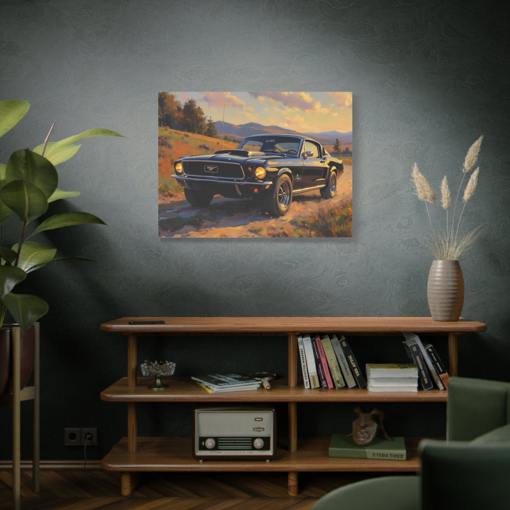 Vintage Mustang Sonnenuntergangs-Wandbild – Klassisches Muscle-Car – Leinwand 