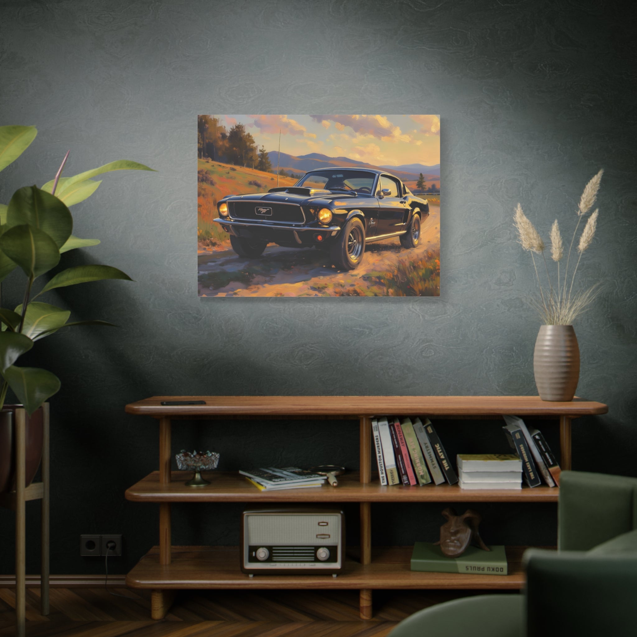 Vintage Mustang Sonnenuntergangs-Wandbild – Klassisches Muscle-Car – Leinwand 