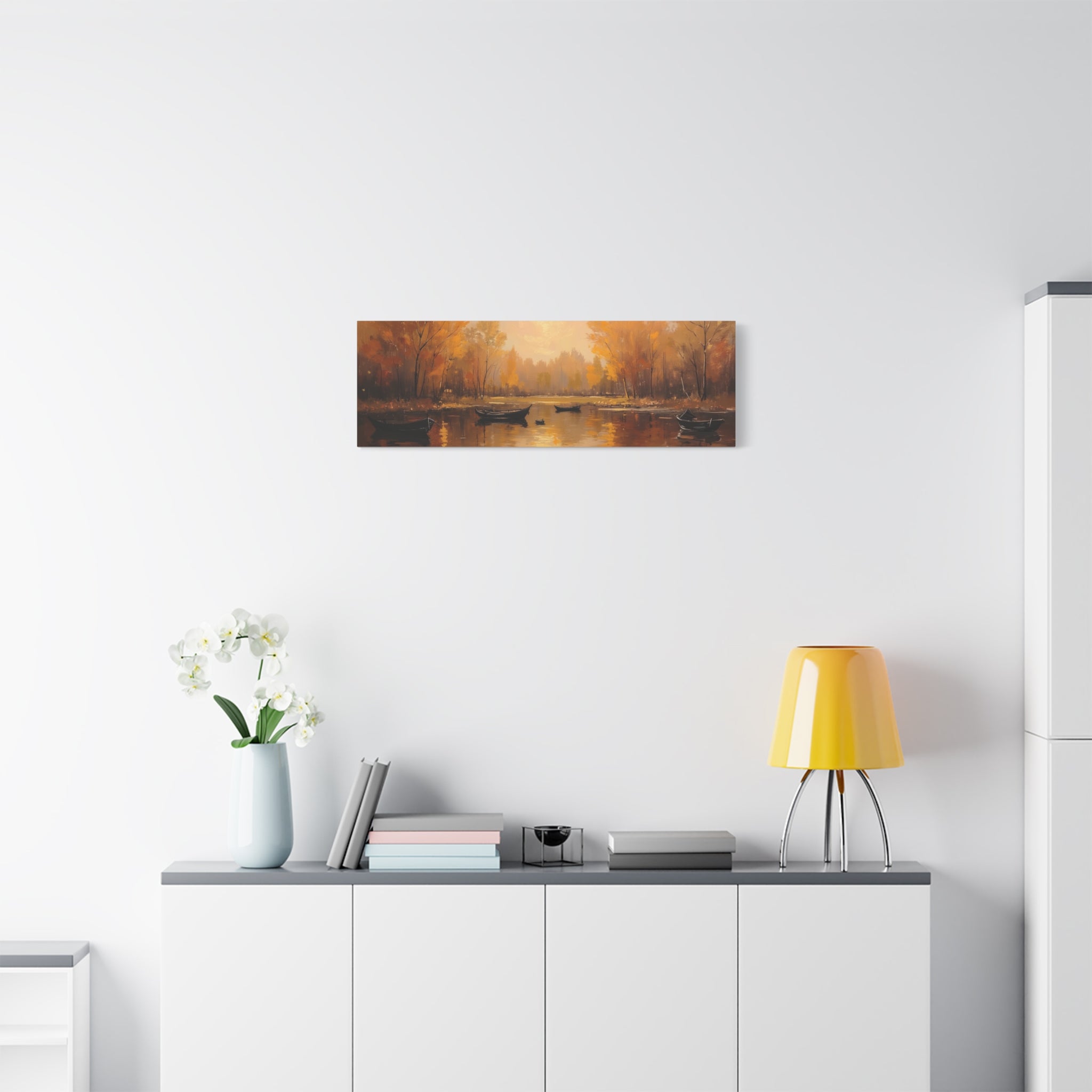 Herfst aan het meer met roeiboten Muurdecoratie - Gespannen canvas 