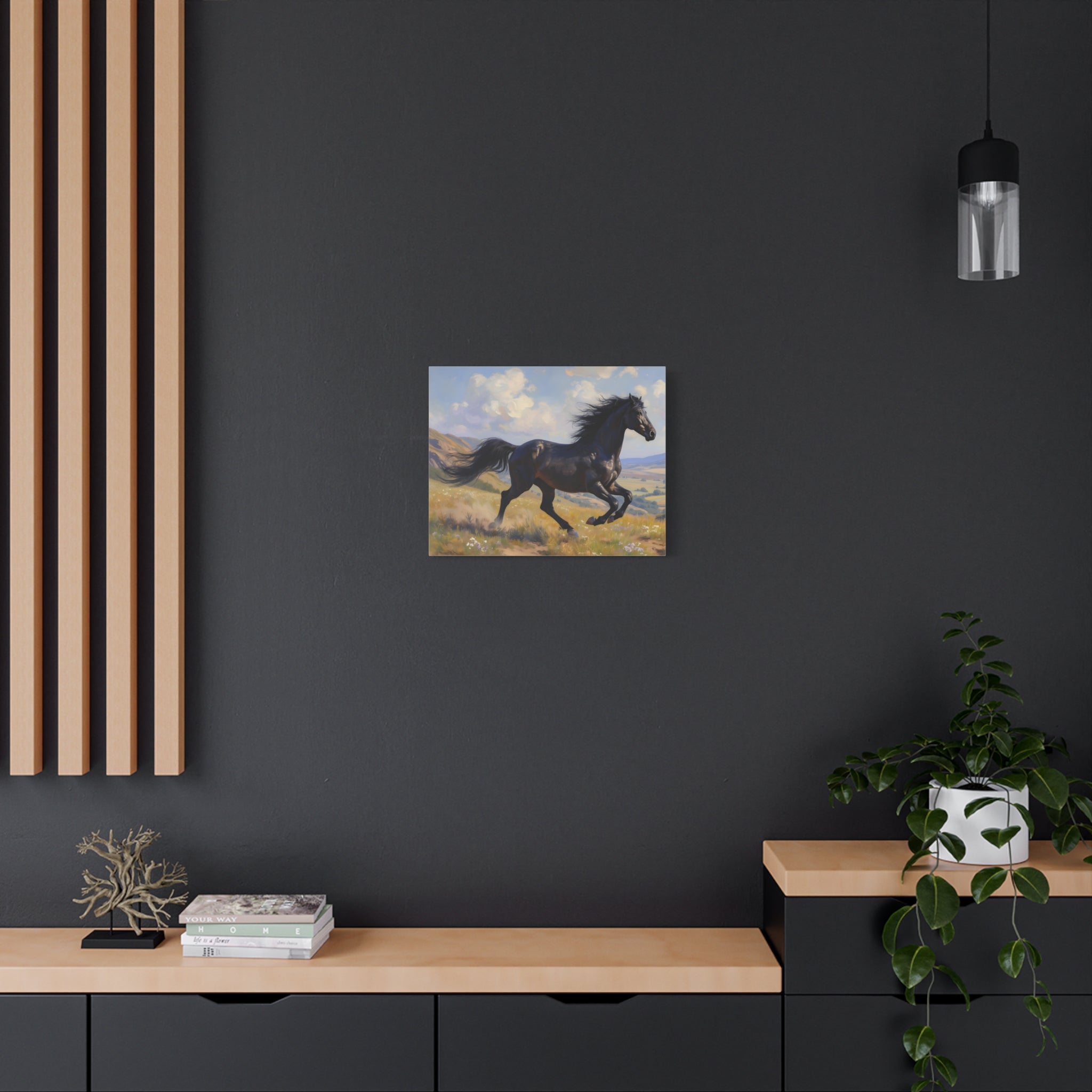 Muurdecoratie met een rennende zwarte hengst - Paardenschilderij - Gespannen canvas 