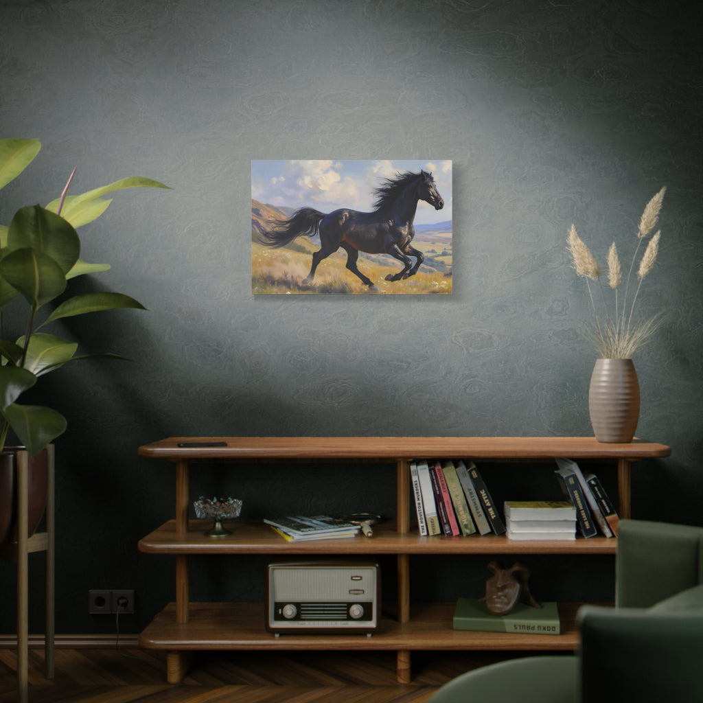 Running Black Stallion Wall Art - Horse Painting - Stretched Canvas